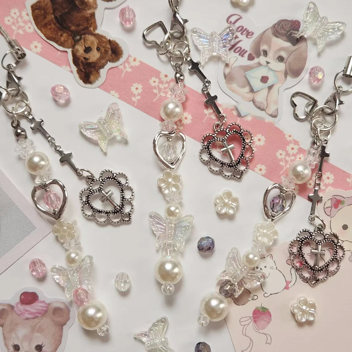 Pearly Crosses Phone Strap ~ Keychain Charm Journal